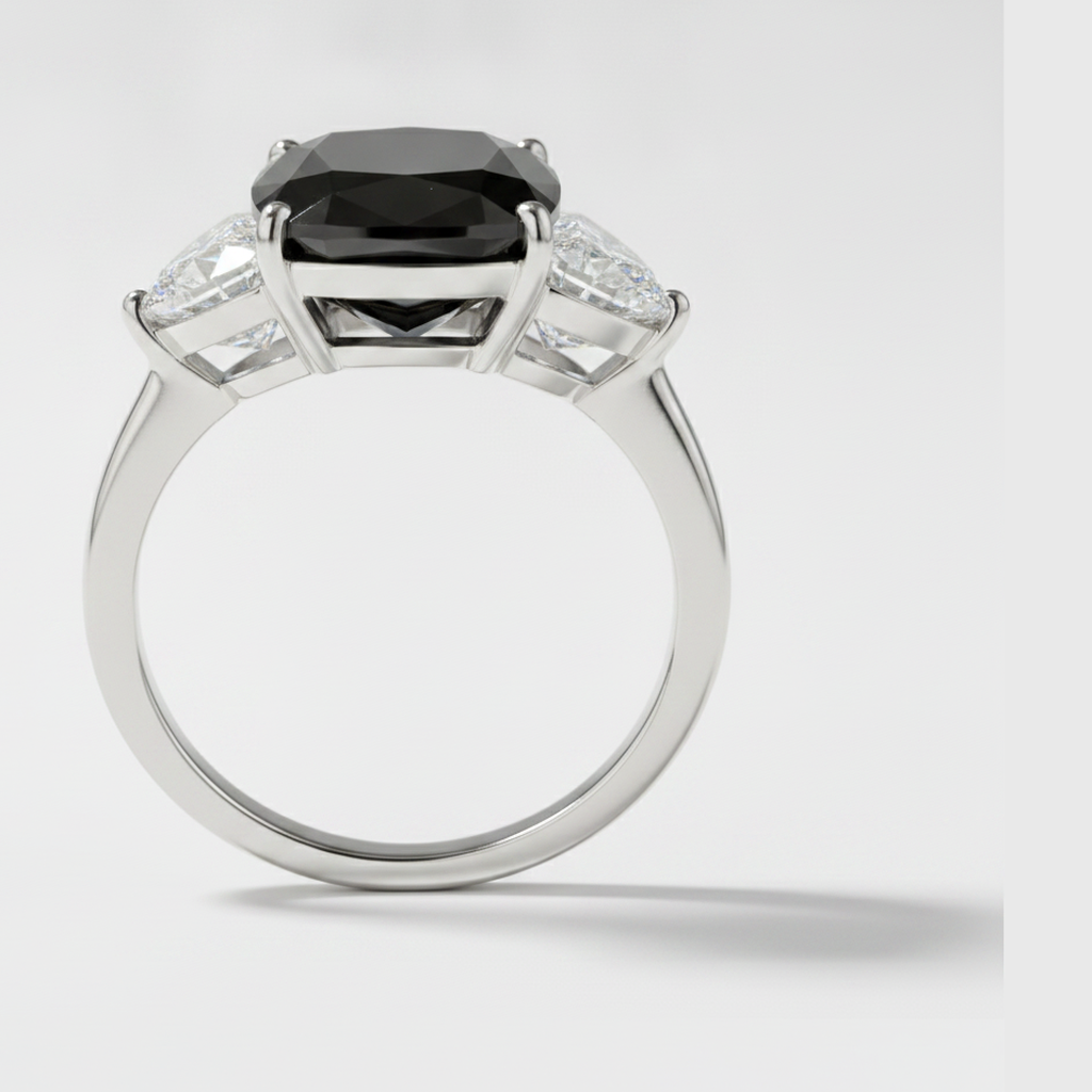 Cushion Black Diamond and White Half Moon Three Stone Ring Natural 14K White Gold
