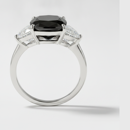 Cushion Black Diamond and White Half Moon Three Stone Ring Natural 14K White Gold
