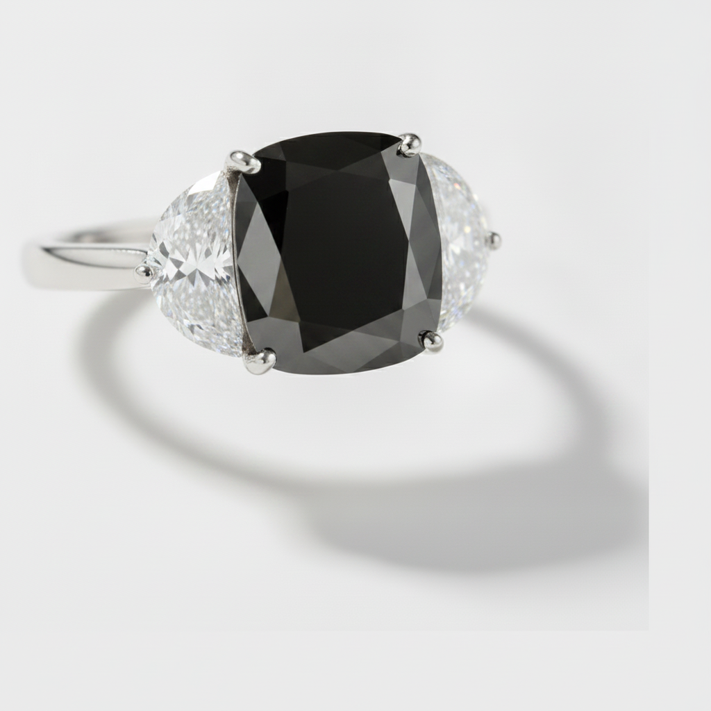 Cushion Black Diamond and White Half Moon Three Stone Ring Natural 14K White Gold