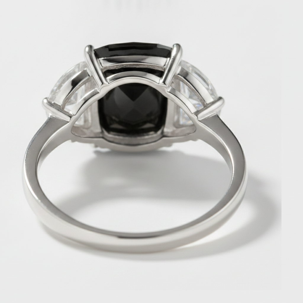 Cushion Black Diamond and White Half Moon Three Stone Ring Natural 14K White Gold