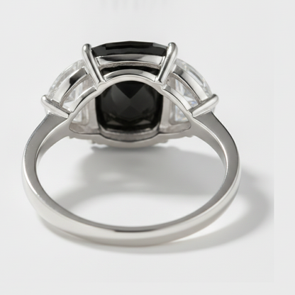 Cushion Black Diamond and White Half Moon Three Stone Ring Natural 14K White Gold