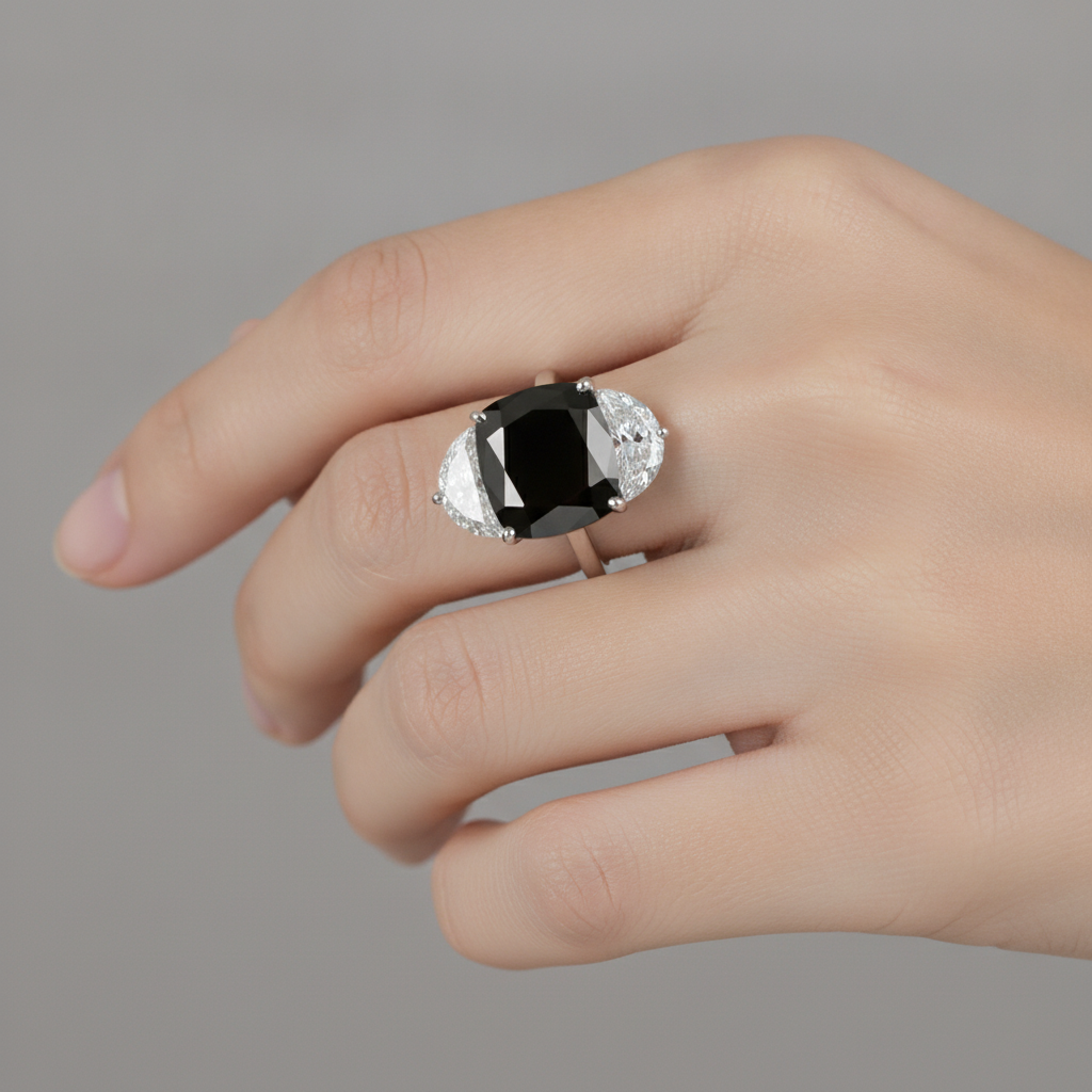 Cushion Black Diamond and White Half Moon Three Stone Ring Natural 14K White Gold