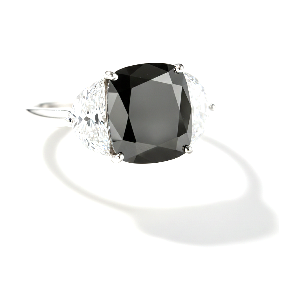 Cushion Black Diamond and White Half Moon Three Stone Ring Natural 14K White Gold