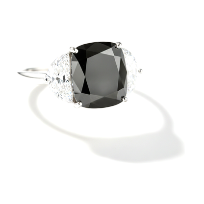 Cushion Black Diamond and White Half Moon Three Stone Ring Natural 14K White Gold
