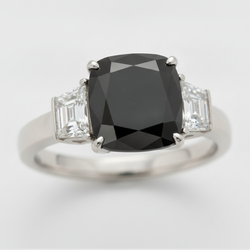 Cushion Black Diamond and White Trapezoid Three Stone Ring Natural 14K White Gold