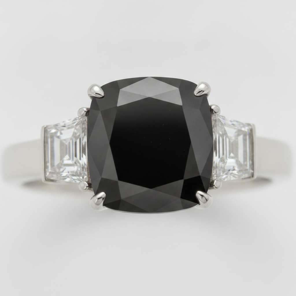 Cushion Black Diamond and White Trapezoid Three Stone Ring Natural 14K White Gold