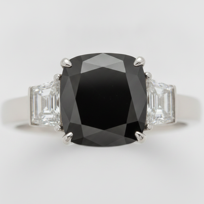 Cushion Black Diamond and White Trapezoid Three Stone Ring Natural 14K White Gold