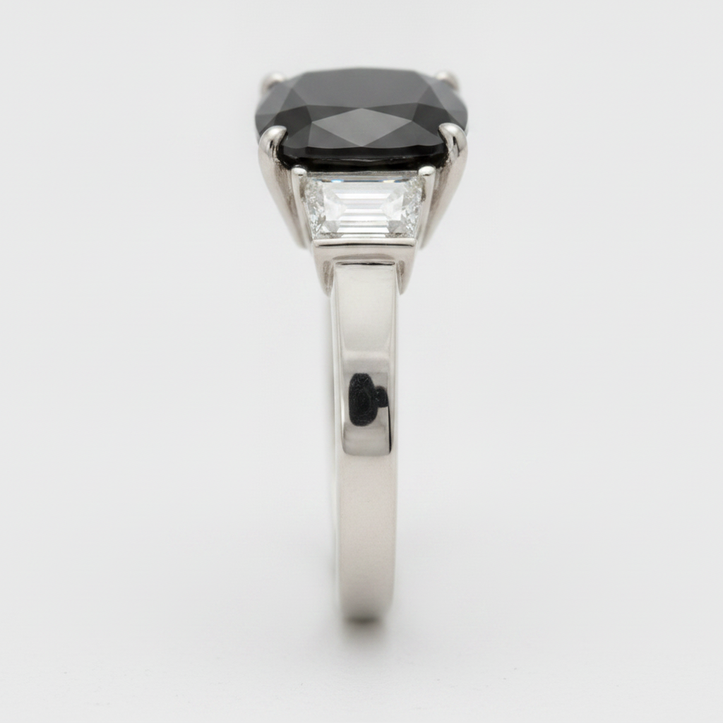 Cushion Black Diamond and White Trapezoid Three Stone Ring Natural 14K White Gold