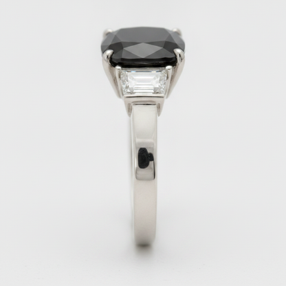 Cushion Black Diamond and White Trapezoid Three Stone Ring Natural 14K White Gold