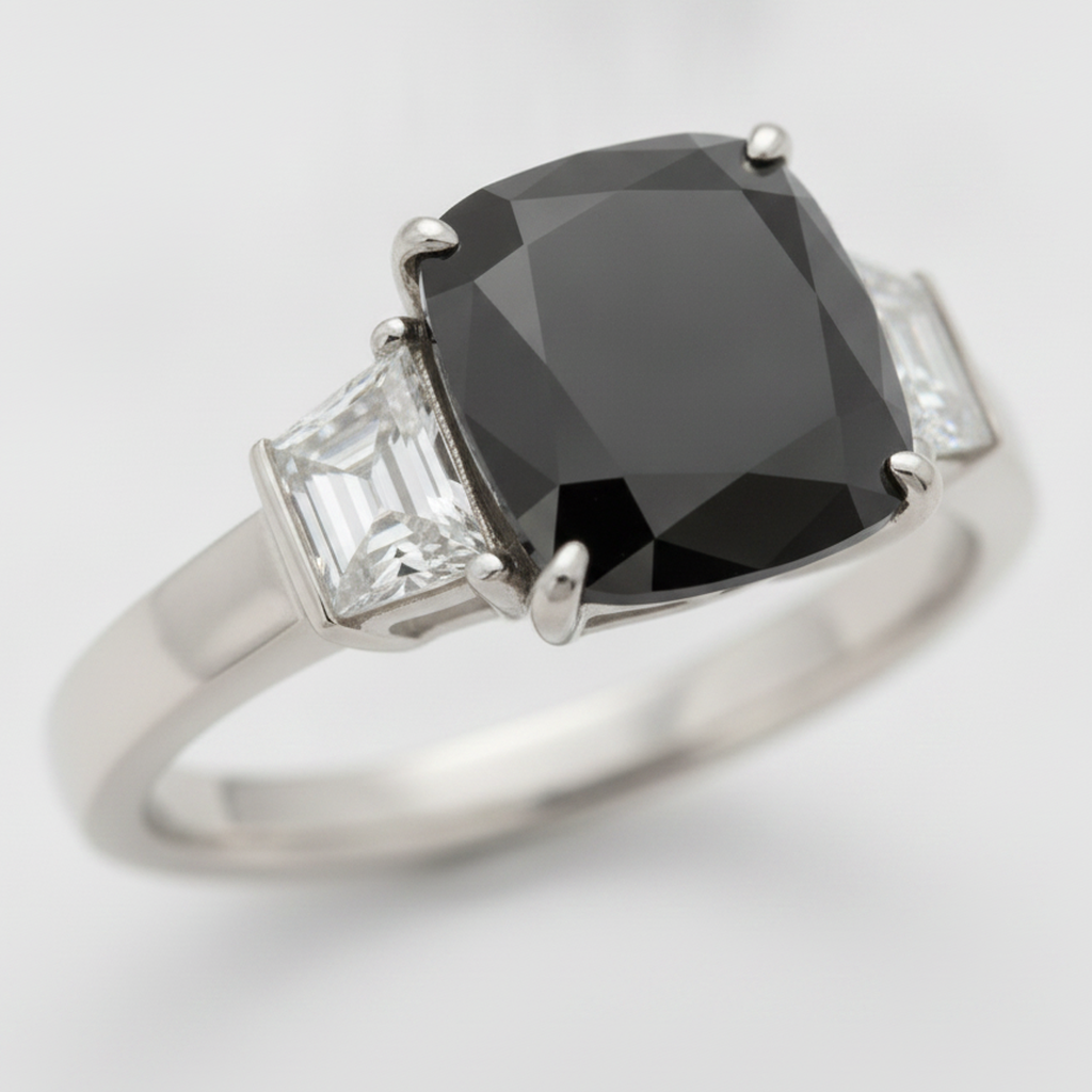 Cushion Black Diamond and White Trapezoid Three Stone Ring Natural 14K White Gold