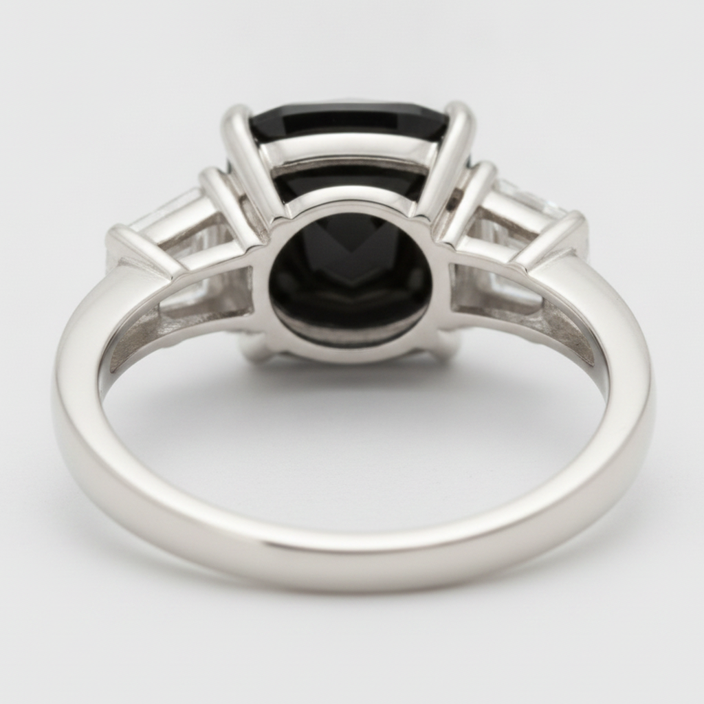 Cushion Black Diamond and White Trapezoid Three Stone Ring Natural 14K White Gold