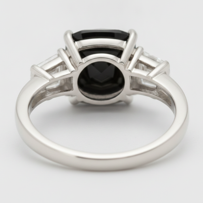 Cushion Black Diamond and White Trapezoid Three Stone Ring Natural 14K White Gold