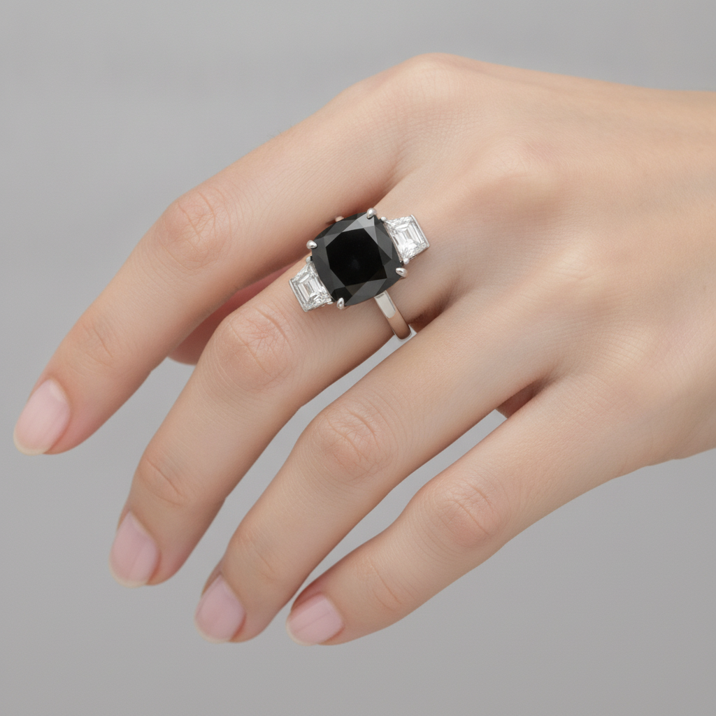 Cushion Black Diamond and White Trapezoid Three Stone Ring Natural 14K White Gold