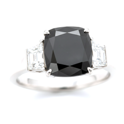 Dark Diamond Engagement Ring 4.5 Carat Real Cushion Black Trapezoid Three Stone 14K White Gold