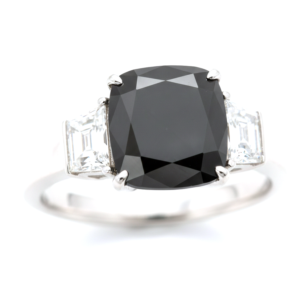 Cushion Black Diamond and White Trapezoid Three Stone Ring Natural 14K White Gold