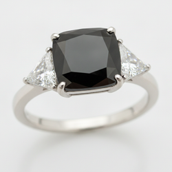 Cushion Black Diamond and White Trilliant Three Stone Ring Natural 14K White Gold