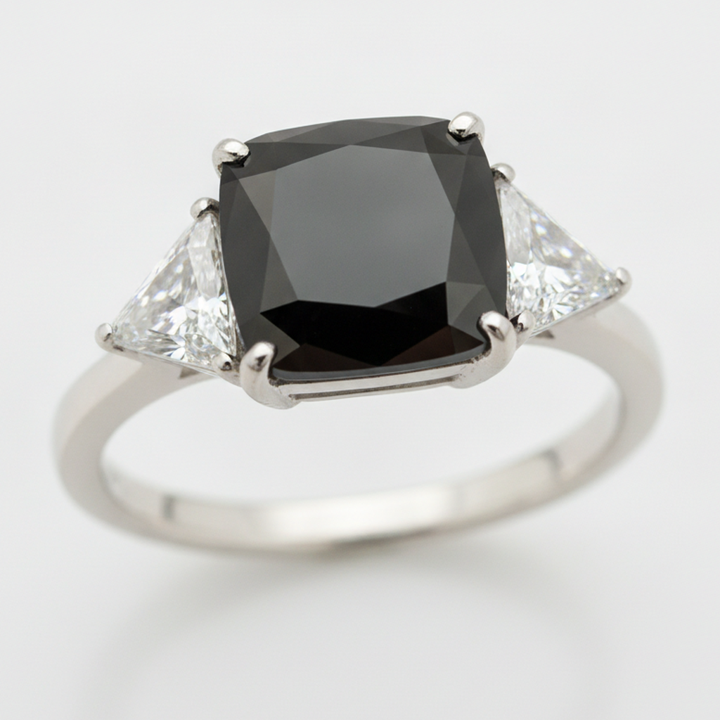 Cushion Black Diamond and White Trilliant Three Stone Ring Natural 14K White Gold