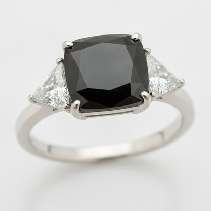 Cushion Black Diamond and White Trilliant Three Stone Ring Natural 14K White Gold