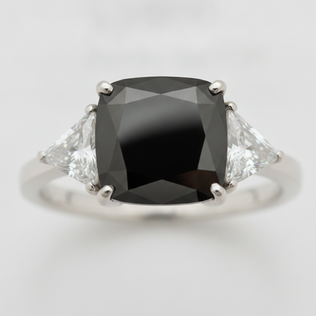 Cushion Black Diamond and White Trilliant Three Stone Ring Natural 14K White Gold