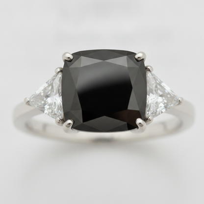 Cushion Black Diamond and White Trilliant Three Stone Ring Natural 14K White Gold