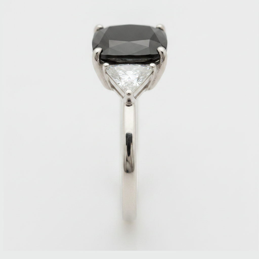 Cushion Black Diamond and White Trilliant Three Stone Ring Natural 14K White Gold