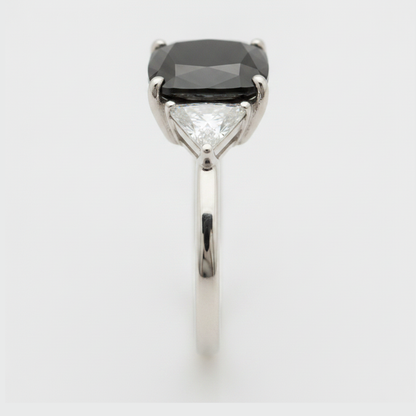 Cushion Black Diamond and White Trilliant Three Stone Ring Natural 14K White Gold