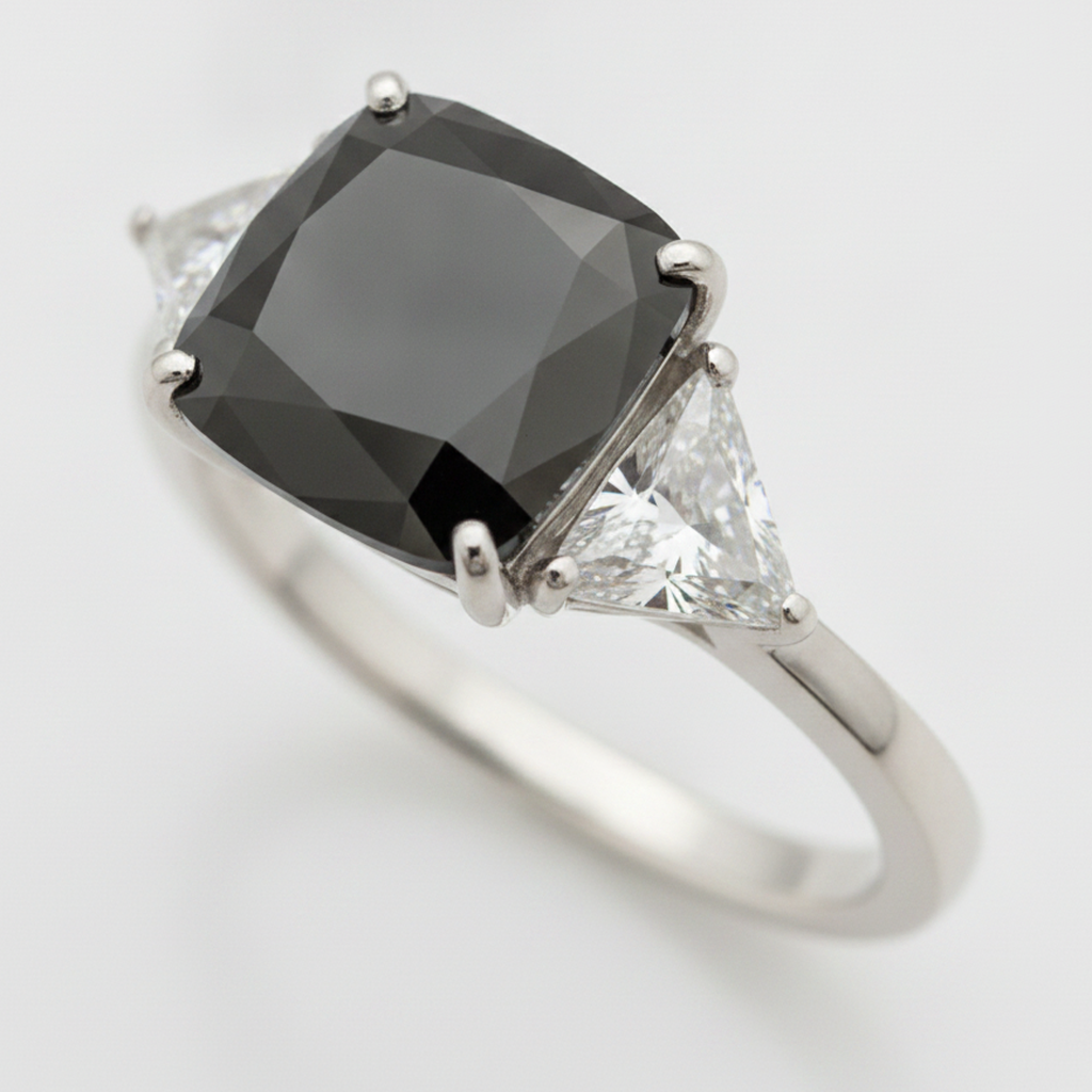 Cushion Black Diamond and White Trilliant Three Stone Ring Natural 14K White Gold