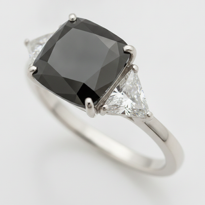 Cushion Black Diamond and White Trilliant Three Stone Ring Natural 14K White Gold