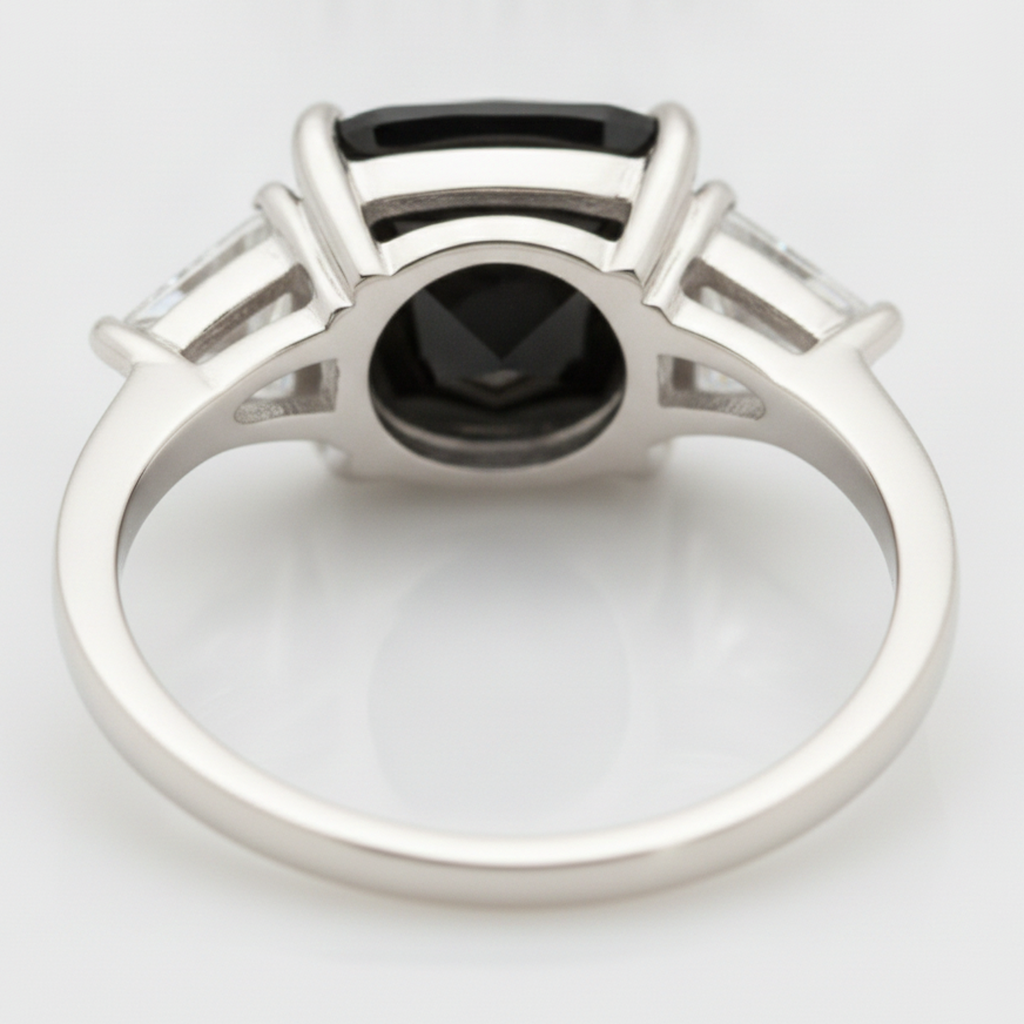 Cushion Black Diamond and White Trilliant Three Stone Ring Natural 14K White Gold
