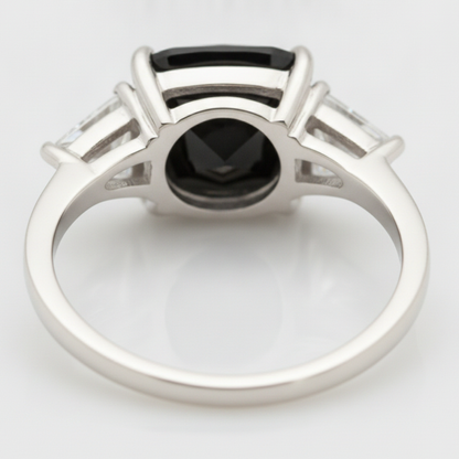 Cushion Black Diamond and White Trilliant Three Stone Ring Natural 14K White Gold