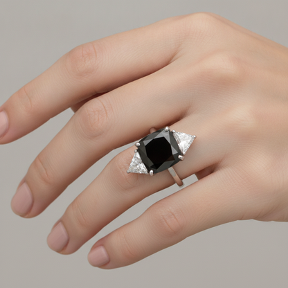 Cushion Black Diamond and White Trilliant Three Stone Ring Natural 14K White Gold