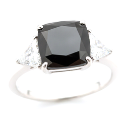 Women's Black Engagement Ring 4.5 Carat Real Cushion Diamond Trilliant Three Stone 14K White Gold