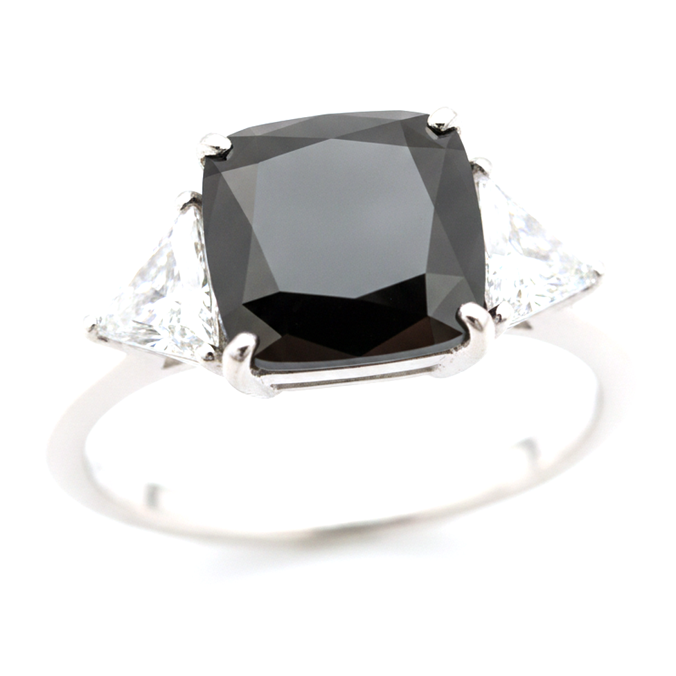 Cushion Black Diamond and White Trilliant Three Stone Ring Natural 14K White Gold