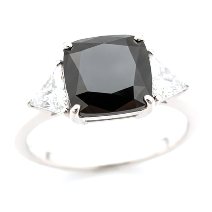 Cushion Black Diamond and White Trilliant Three Stone Ring Natural 14K White Gold