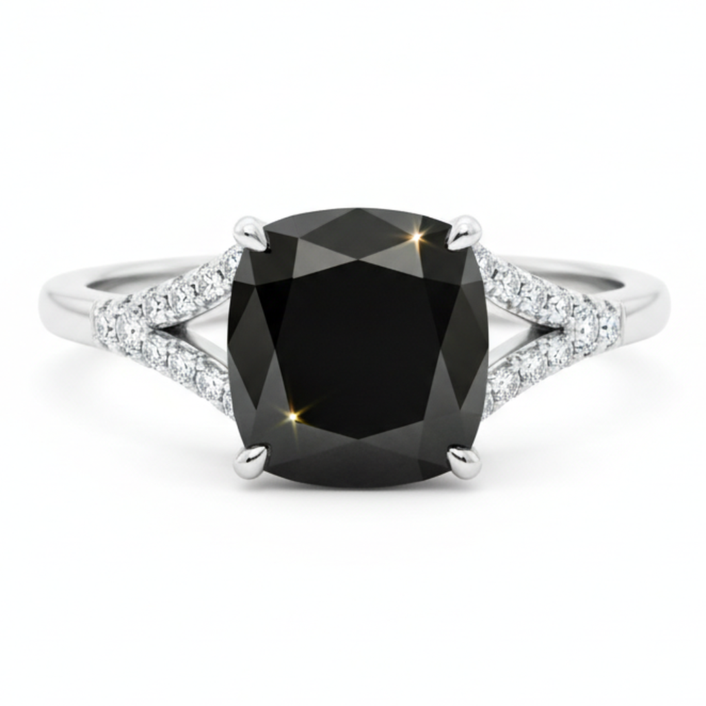 Cushion Black Diamond Cathedral Pave Ring Natural 14K White Gold