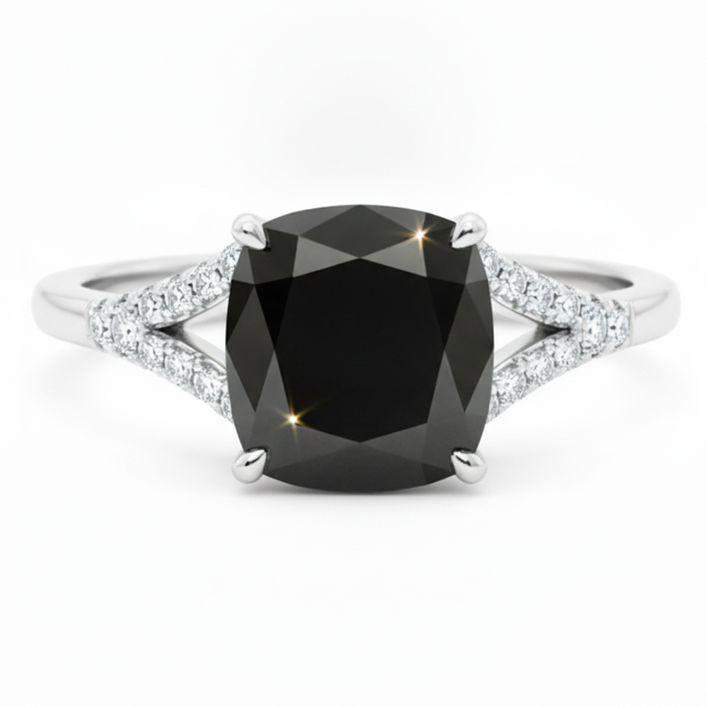 Cushion Black Diamond Cathedral Pave Ring Natural 14K White Gold