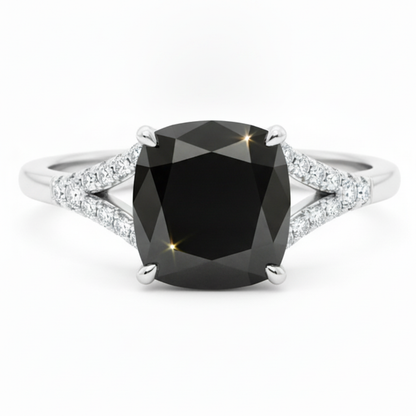 Cushion Black Diamond Cathedral Pave Ring Natural 14K White Gold