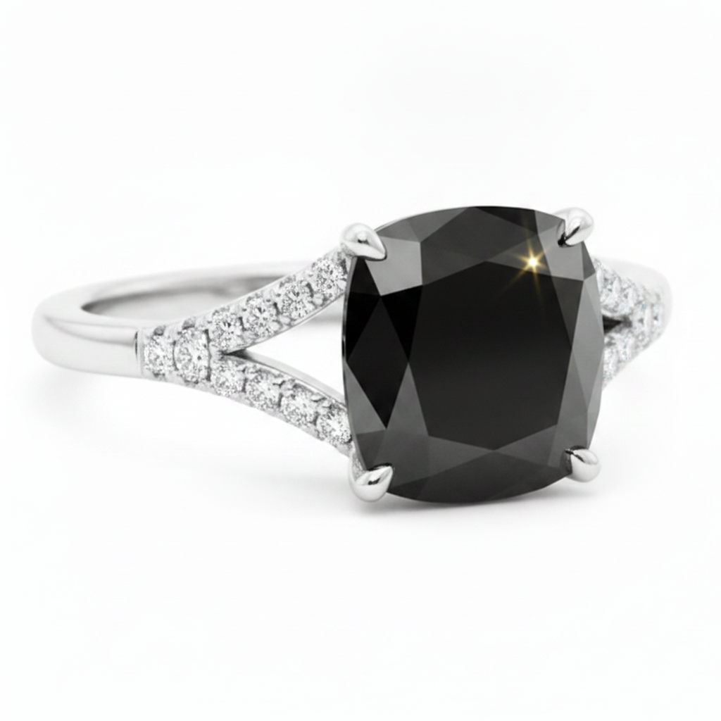 Cushion Black Diamond Cathedral Pave Ring Natural 14K White Gold
