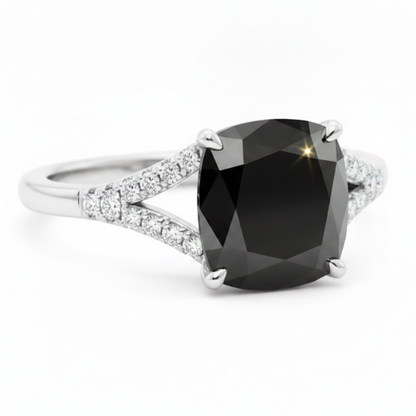 Cushion Black Diamond Cathedral Pave Ring Natural 14K White Gold