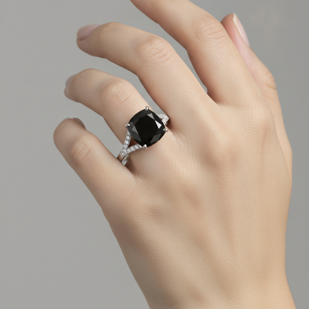 Cushion Black Diamond Cathedral Pave Ring Natural 14K White Gold