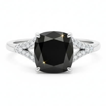 Cushion Black Diamond Cathedral Pave Ring Natural 14K White Gold