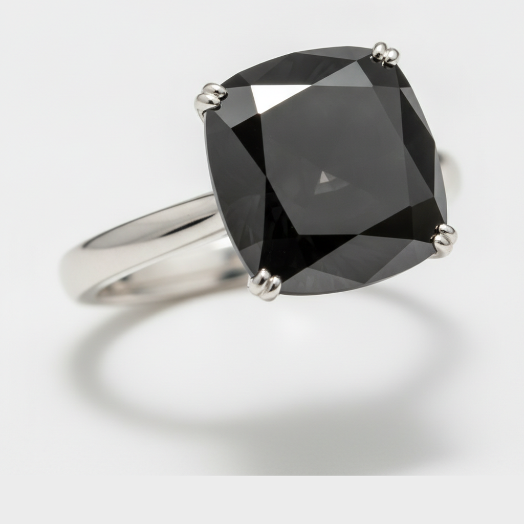 Cushion Black Diamond Solitaire Ring Natural 14K White Gold