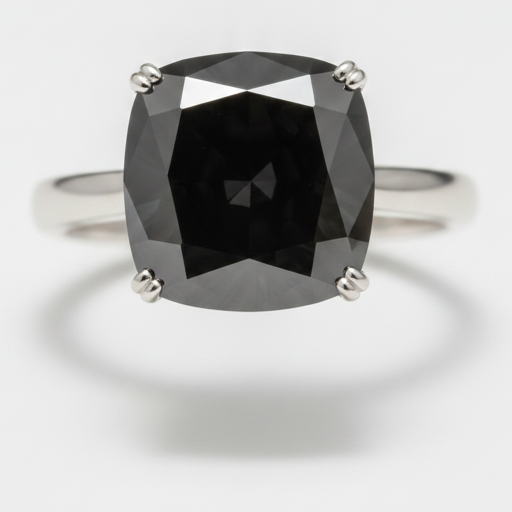 Cushion Black Diamond Solitaire Ring Natural 14K White Gold