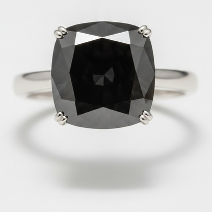 Cushion Black Diamond Solitaire Ring Natural 14K White Gold