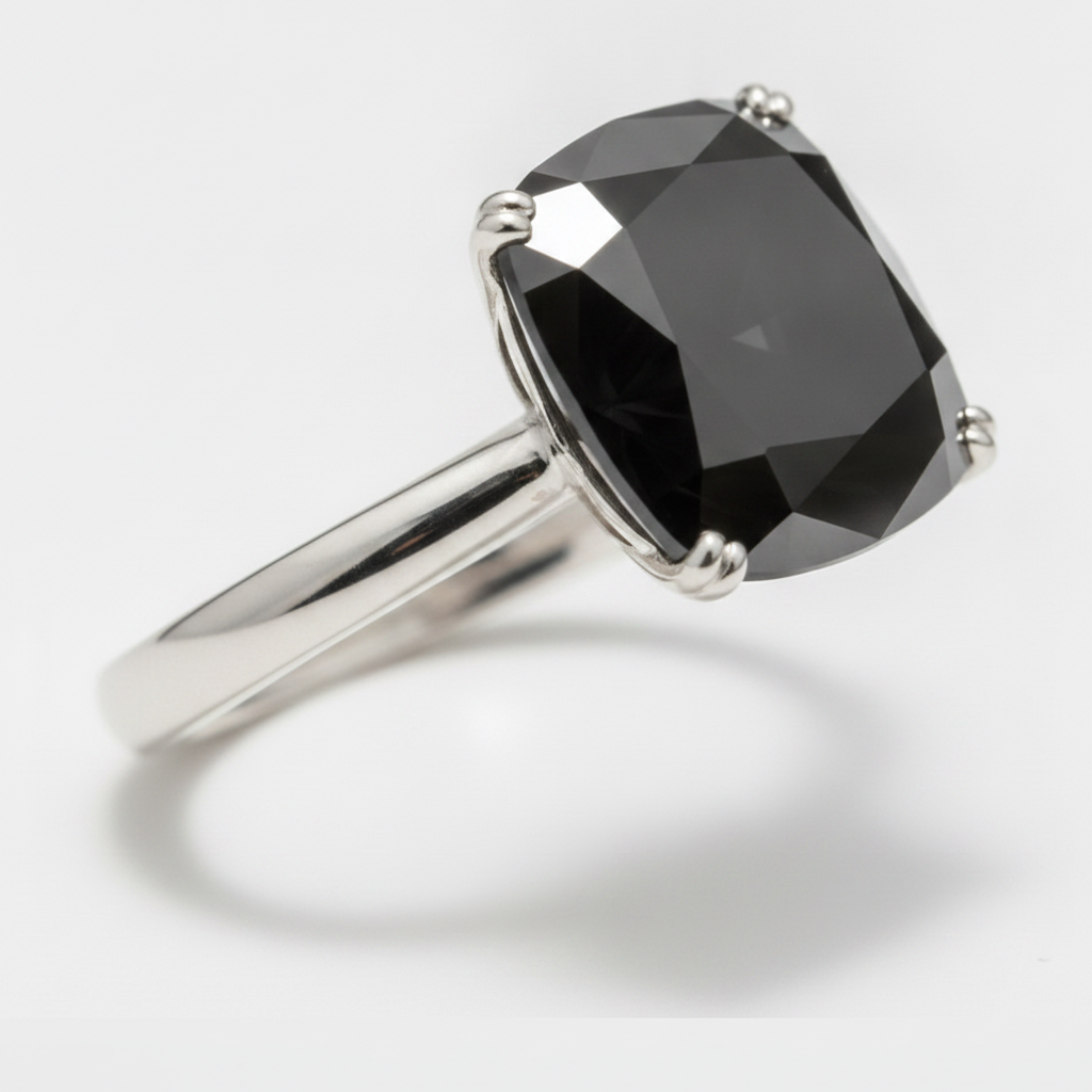 Cushion Black Diamond Solitaire Ring Natural 14K White Gold