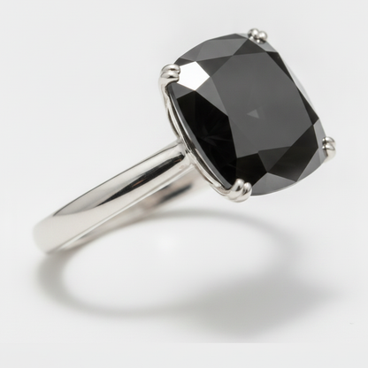 Cushion Black Diamond Solitaire Ring Natural 14K White Gold