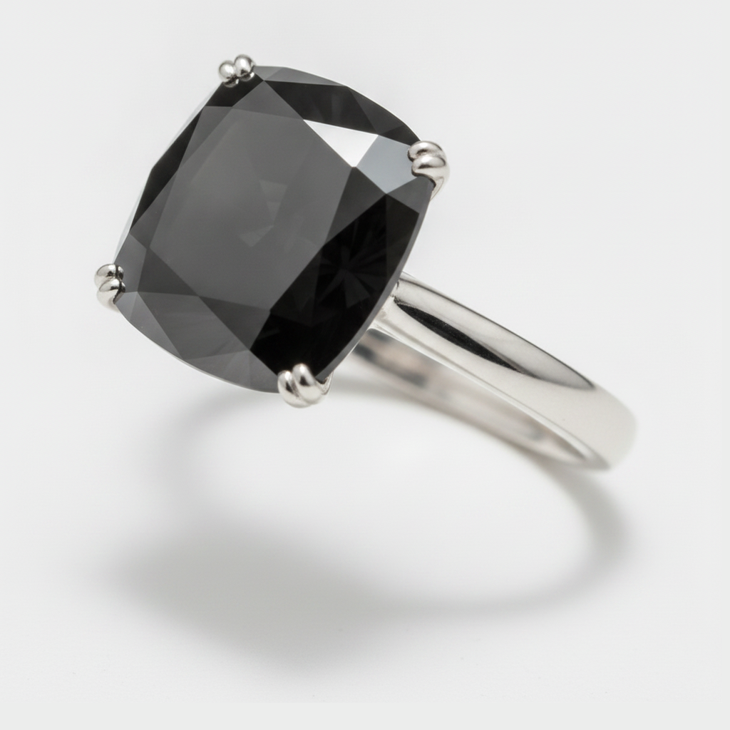 Cushion Black Diamond Solitaire Ring Natural 14K White Gold