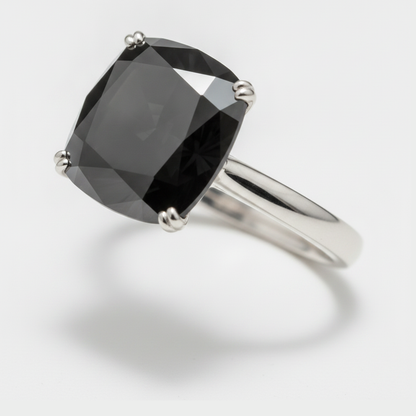 Cushion Black Diamond Solitaire Ring Natural 14K White Gold