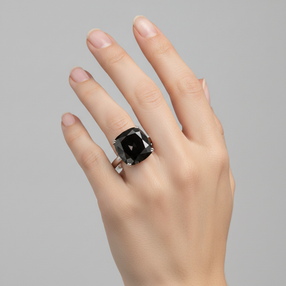 Cushion Black Diamond Solitaire Ring Natural 14K White Gold
