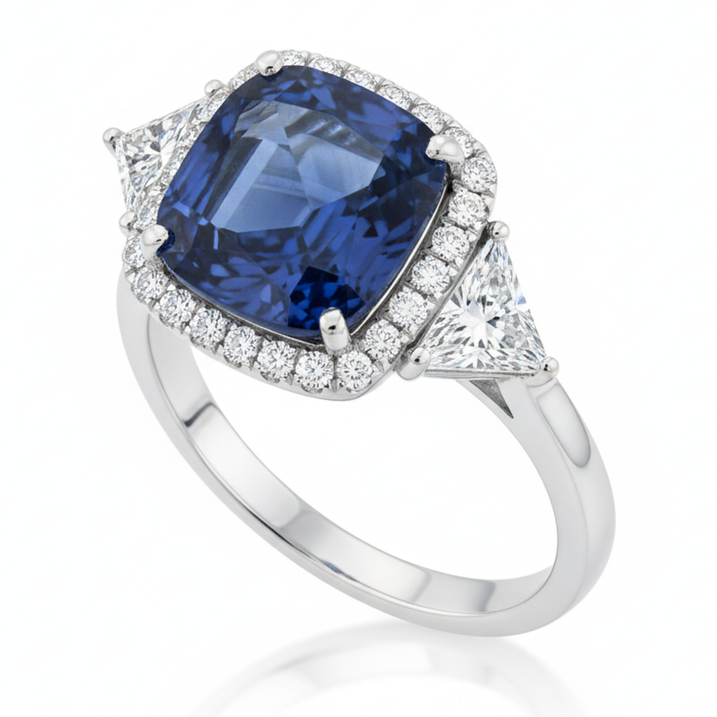 Cushion Blue Sapphire and Triangle Diamond Halo Ring Natural Platinum